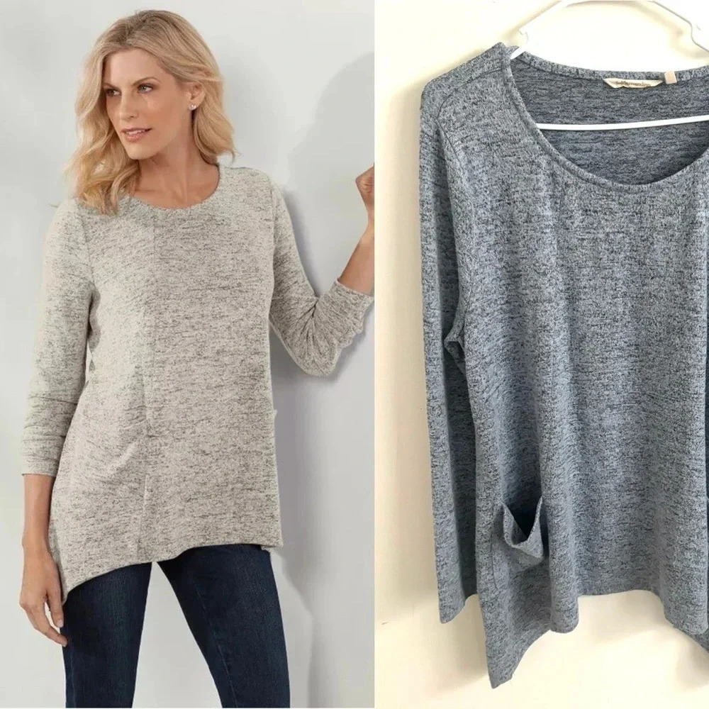 Soft Surrounding Women's Knit Tunic Top L Blue Long Sleeve Asymmetrical Hem Soft
